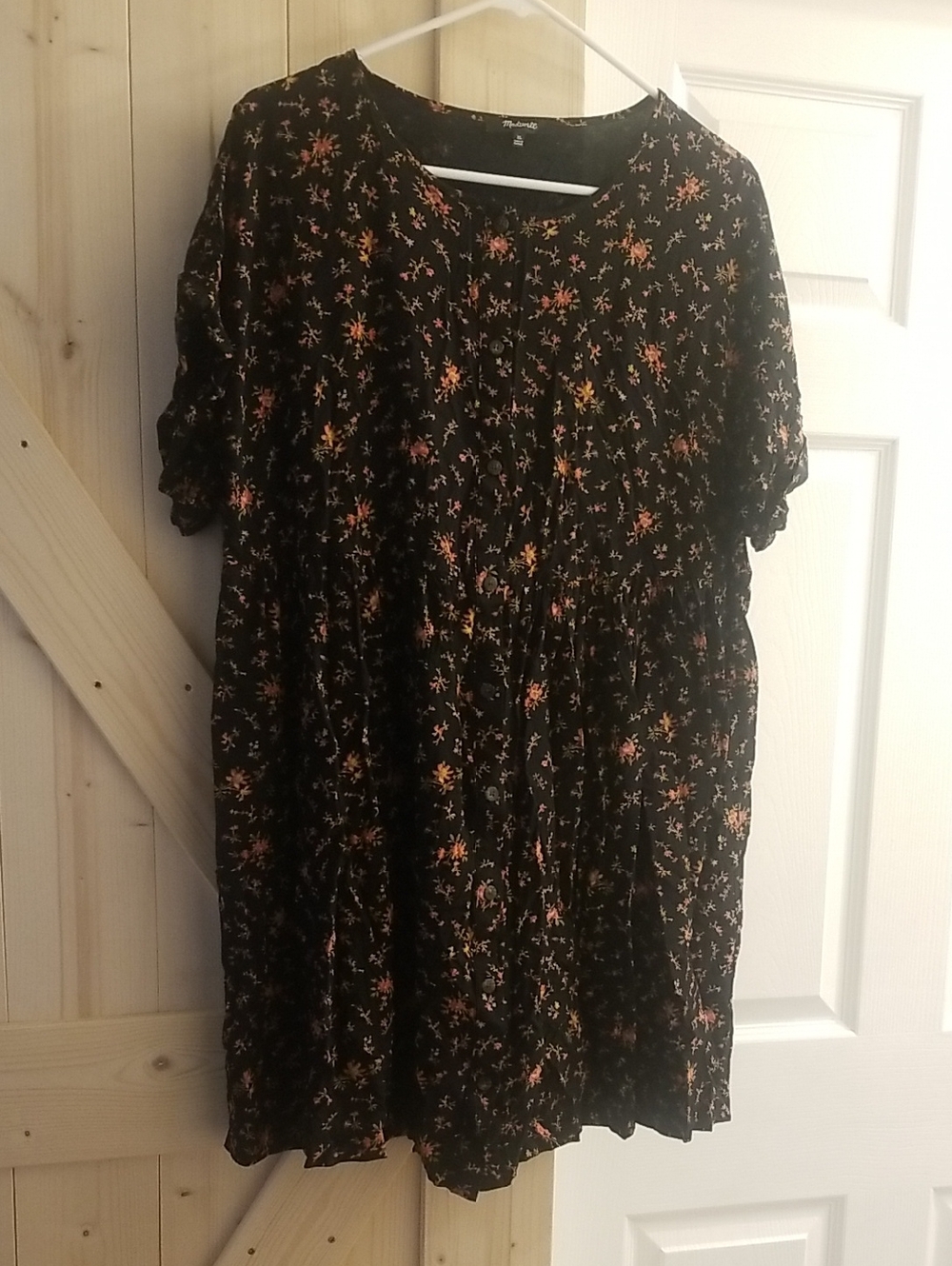 Madewell Black Babydoll Dress with Pink & Orange Floral Print Sz XL